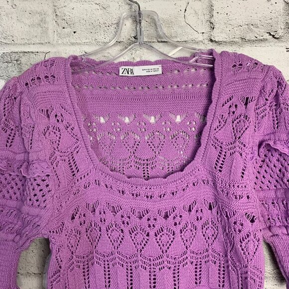 Zara Pointelle Knit Crochet Puff Sleeve Scoop Neck Lavender Cropped Sweater - Picture 2 of 13